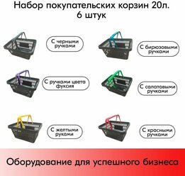 Набор Корзин покупательских пластиковых, Черная с 2 ручками, Усиленная ROCK 20 л, 6 шт