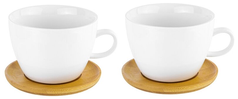 Чашка / кружка 2 шт для капучино и кофе латте Elan Gallery 500 мл "Снежная королева" + дерев. подставка, набор