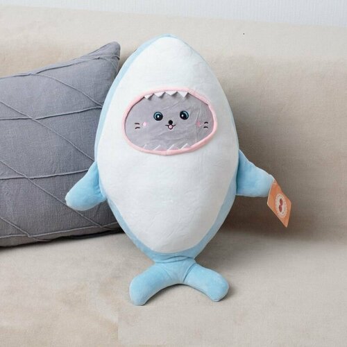 Мягкая игрушка подушка Кот в костюме Акулы для девочек и мальчиков, голубой 48 см