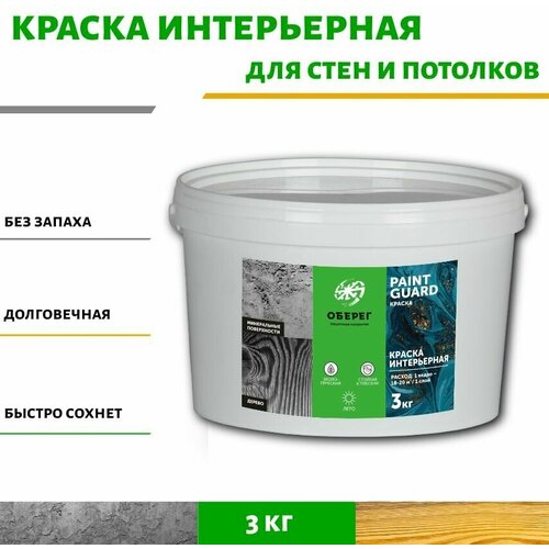 Краска интерьерная для стен и мебели белая PaintGuard - 2л/3кг краска интерьерная аквест 4 стандарт 3кг белая