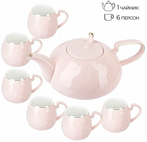Чайный набор посуды на 6 персон 1150/280 мл 5th Avenue Alissa 7 предметов, чайник и 6 чашек, подарочный розовый фарфор