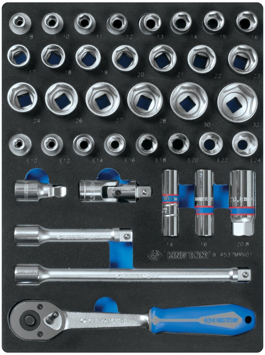 Набор торцевых головок 1/2" с принадлежностями, шестигранные, ложемент, 37 предметов KING TONY 9-4537MRV01