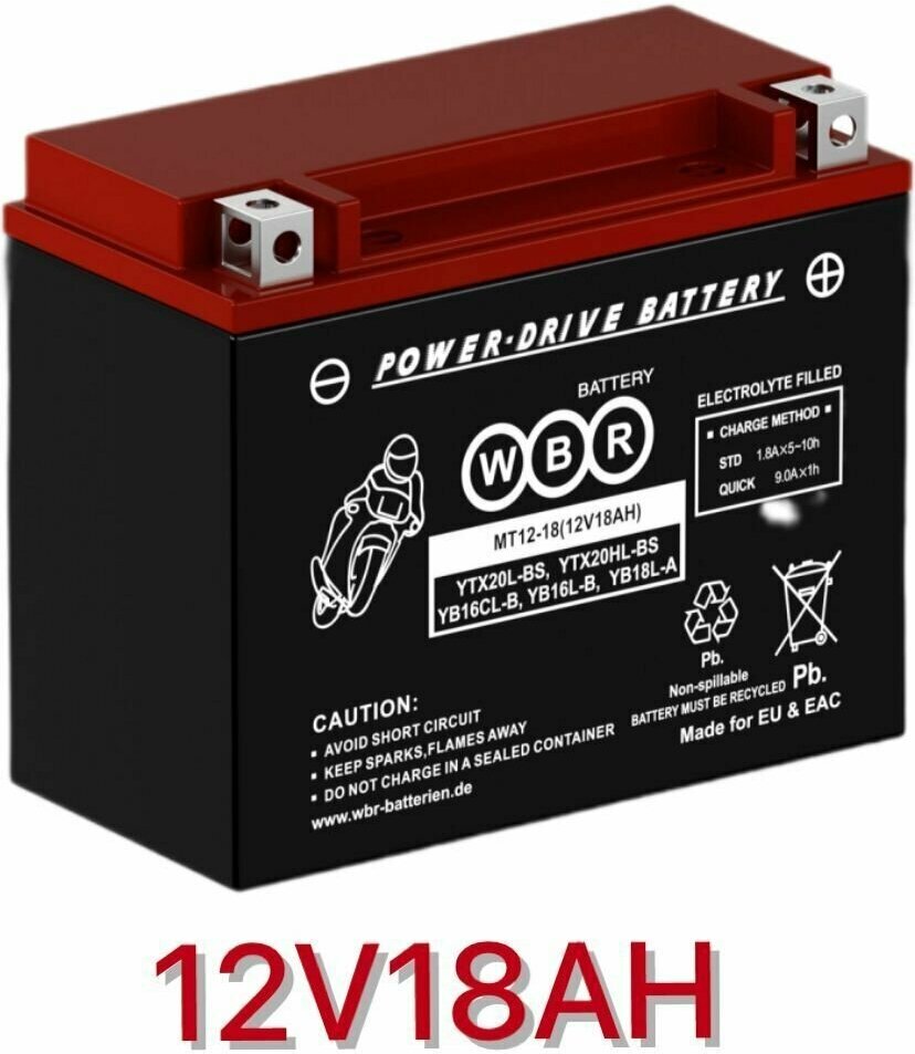 Мото аккумулятор стартерный WBR SMT12-18 12В 18Ач (12V 18Ah) YTX20L-BS, YTX20HL-BS 270A, AGM для мотоцикла, скутера, гидроцикла, квадроцикла, мопеда