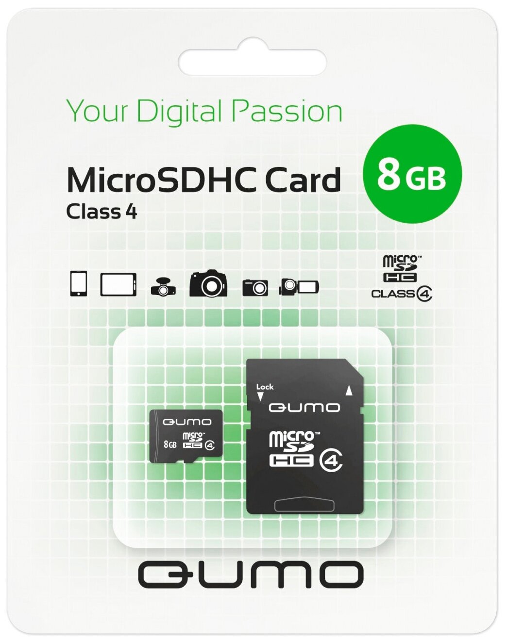 Карта флэш-памяти MicroSD 8 Гб Qumo +SD адаптер (class 4)