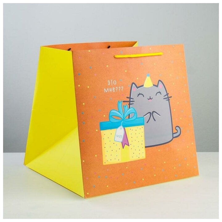 Дарите Счастье Пакет подарочный квадратный, упаковка, «Котик и тортик», 30 х 30 х 30 см