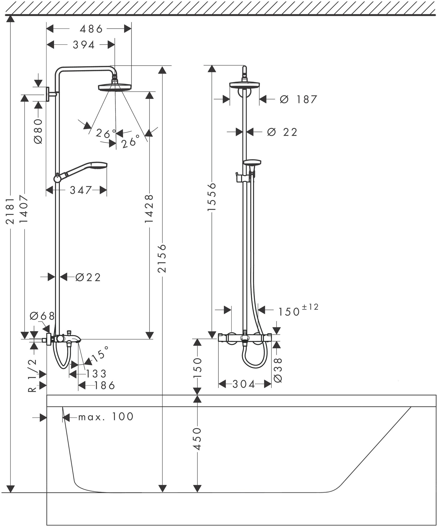 Душевая стойка Hansgrohe Croma Select S 180 2 jet 27351400 - фотография № 2