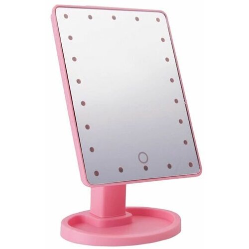 Зеркало косметическое для макияжа со встроенным аккумулятором, с подсветкой, настольное с подставкой прямоугольное, розовое