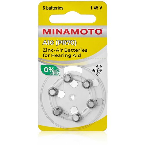 Элемент питания MINAMOTO ZA10/6BL A10 PR70 (60), 6 штук в блистере батарейки tesla a10 hearing aid a10 zinc air pr70 paper 6шт