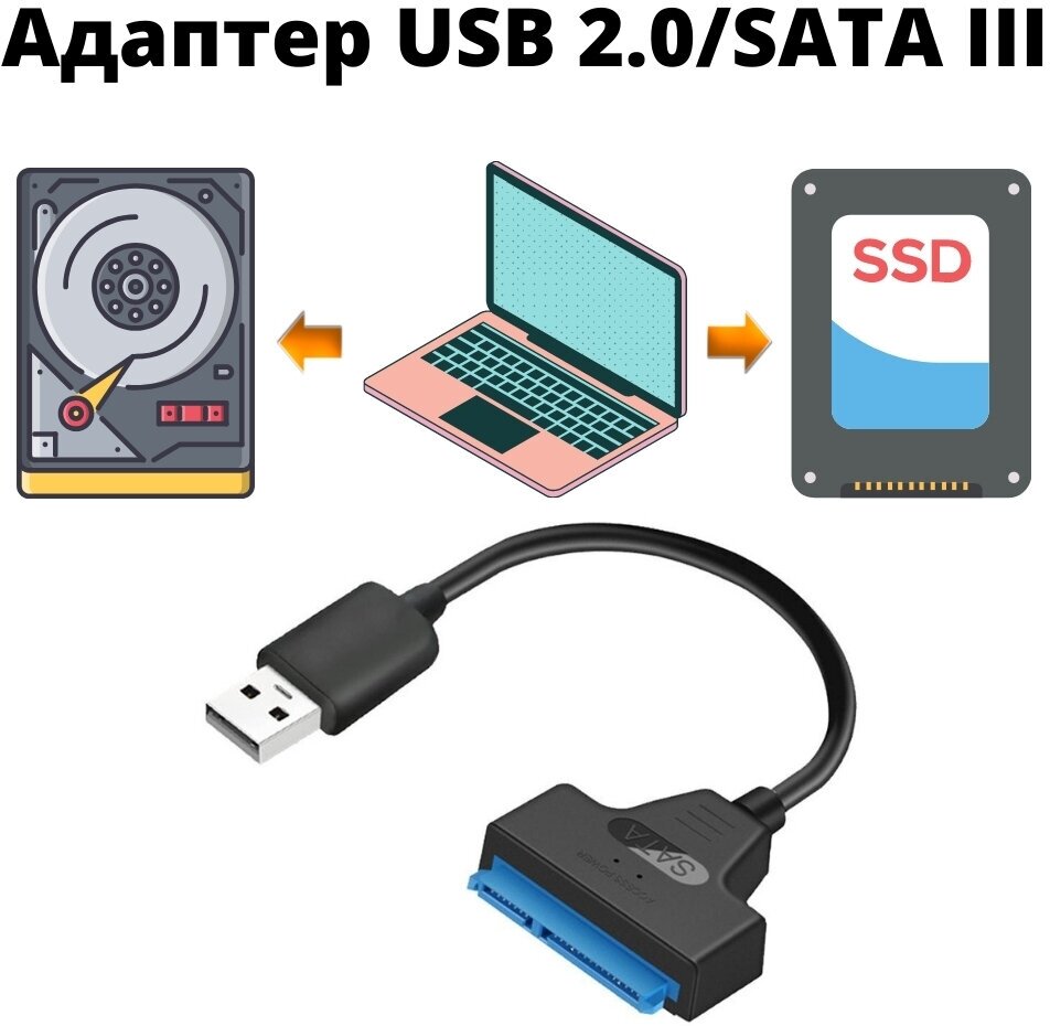Адаптер/переходник/кабель с USB 2.0 на SATA III для HDD/SSD (жесткого диска)