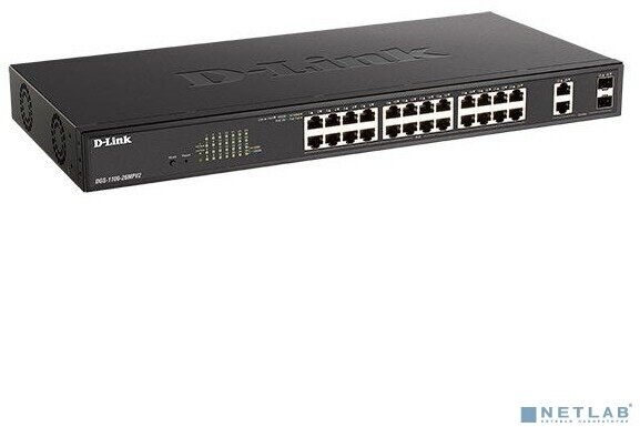 D-Link SMB Сетевое оборудование D-Link DGS-1100-26MPV2/A3A Настраиваемый L2 коммутатор с 24 портами 10/100/1000Base-T и 2 комбо-портами 1000Base-T/SFP (24 порта PoE 802.3af/at, PoE-бюджет 370 Вт)