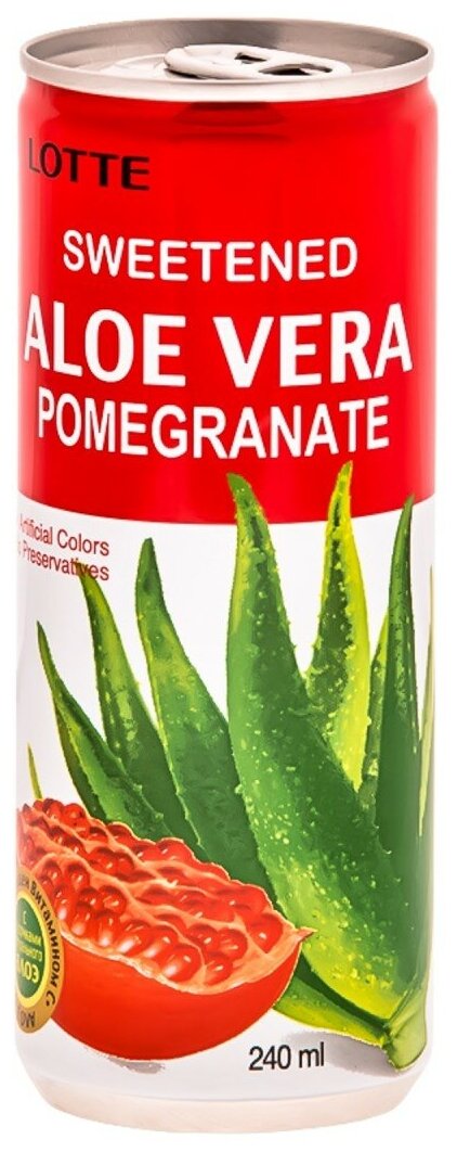 Напиток сокосодержащий Lotte Aloe Vera PomeGranate с мякотью Алоэ, со вкусом Граната / 30 банок по 240 мл.