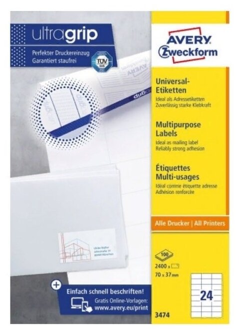 Этикетки Avery Zweckform A4 70x37мм 24шт на листе/70г/м2/100л./белый матовое самоклей. универса - фото №1