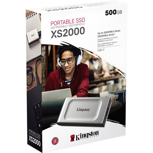 Твердотельный накопитель Kingston SSD XS2000, 500GB, Portable Type-C, USB 3.2 Gen 2x2, R/W 2000/2000MB/s, IP55, 70x33x14mm, Silver