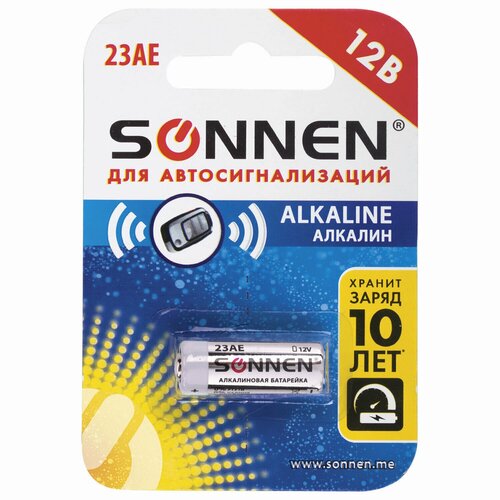 Батарейка SONNEN Alkaline, 23А (MN21), алкалиновая, для сигнализаций, 1 шт, в блистере, 451977 10pc pkcell 23a 12v battery dry alkaline battery 23a e 21 23 a23 23g a mn21 for doorbell car alarm walkman car remote control