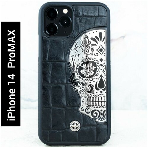 защитный чехол skull Чехол iPhone 14 Pro Max - Mexican Katrina's Skull Croc Leather Black
