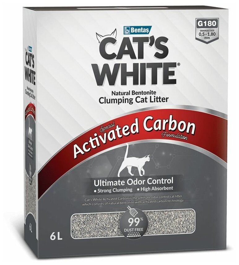Наполнитель для кошачьих туалетов CAT'S WHITE BOX Activated Carbon комкующийся, бентонитовый с активированным углем (6л) - фотография № 1