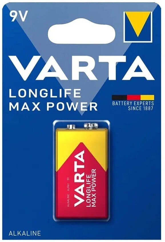 Батарейка VARTA LONGLIFE Max Power 9V Крона, 1 шт.