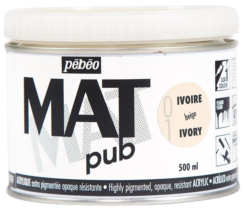 Краска акриловая PEBEO экстра матовая Mat Pub №1, бежевый, 500 мл