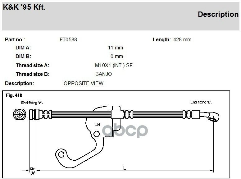 Шланг Тормозной Передний Ft0588 K&K арт. FT0588