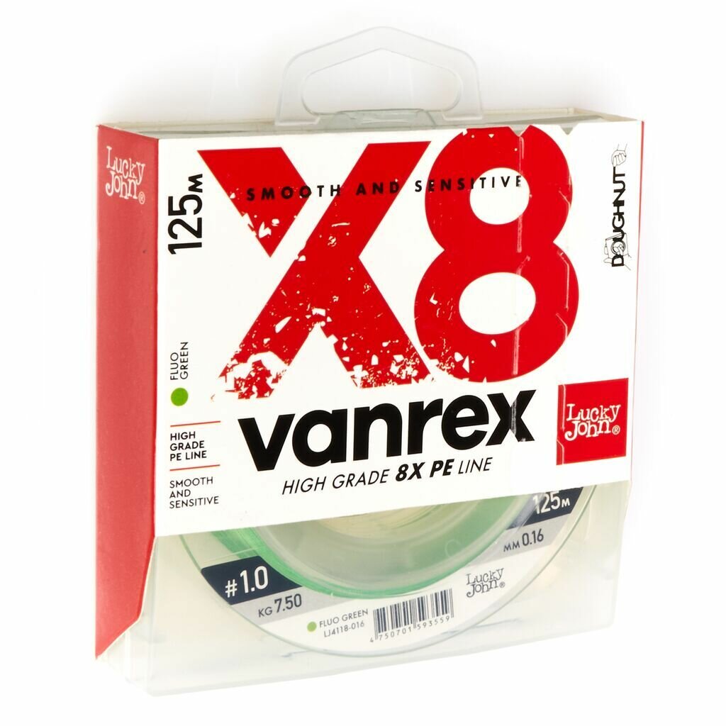 Плетеный шнур / плетенка для рыбалки Lucky John Vanrex х8 BRAID Fluo Green 125/016