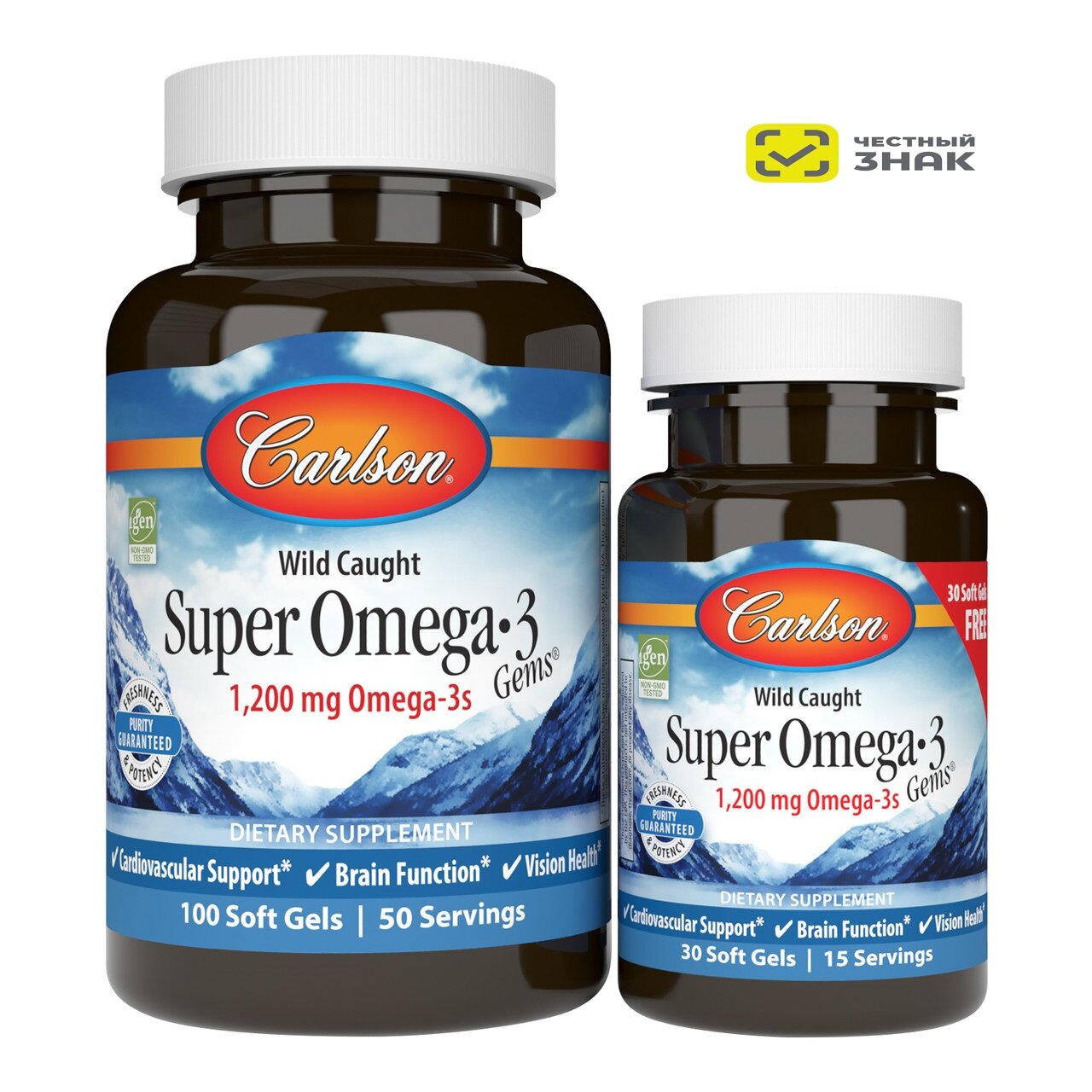 Carlson, Super Omega-3 Gems, высокоэффективные омега-3 кислоты из рыбы дикого улова, 1200 мг, 100 + 30 капсул — фото 1