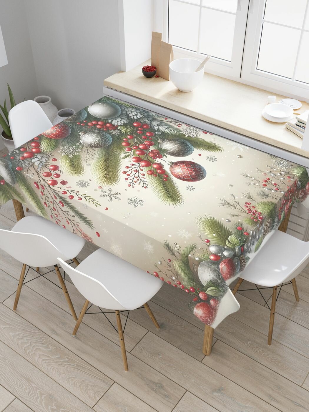 Прямоугольная тканевая скатерть на стол с рисунком "Праздничная атмосфера" 120 на 145 см, JoyArty, серия Новый год
