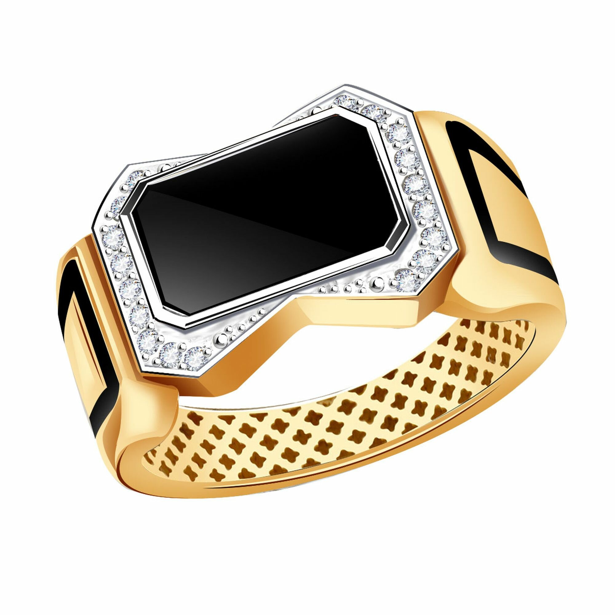 Печатка Diamant online, красное золото, 585 проба, оникс, эмаль, фианит, размер 21, черный