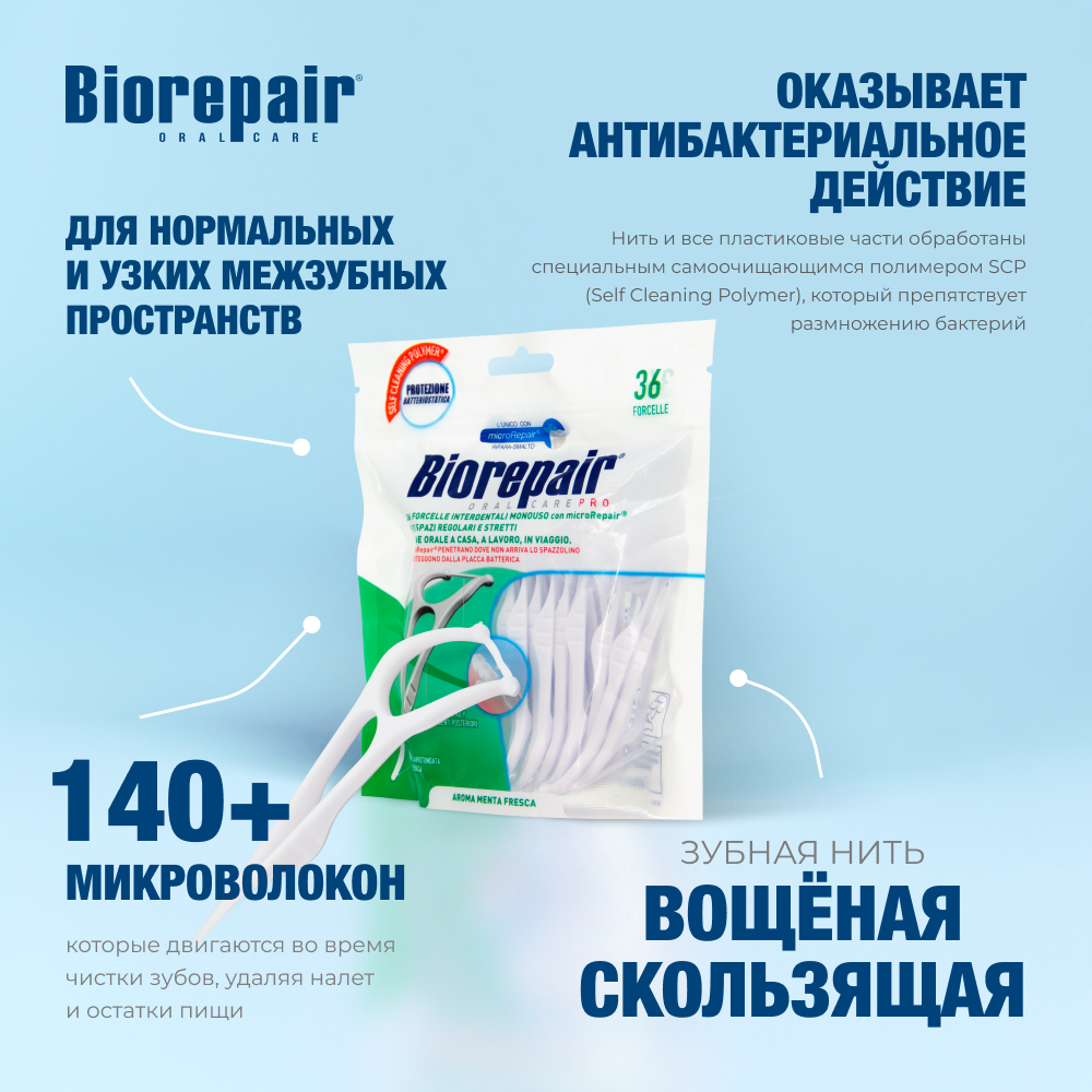Картинки Зубная нить Biorepair Forcelle Interdentale Monouso с держателем одноразовая 36 шт