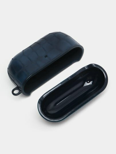 Чехол-держатель для наушников Airpods Pro2 "Синий", из крокодиловой кожи, с крючком — фото 1
