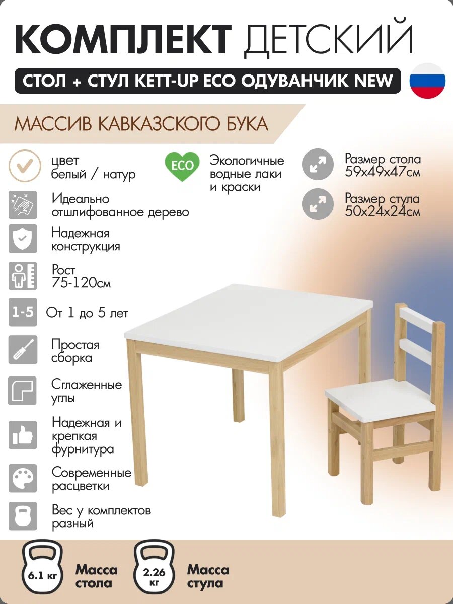 Комплект детский стол + стул KETT-UP ECO одуванчик NEW белый / натур