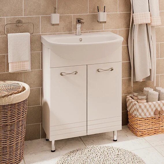 Тумба с раковиной Emmy Рио 50 напольная 51 см из МДФ из фаянса белая полукруглая в современном стиле