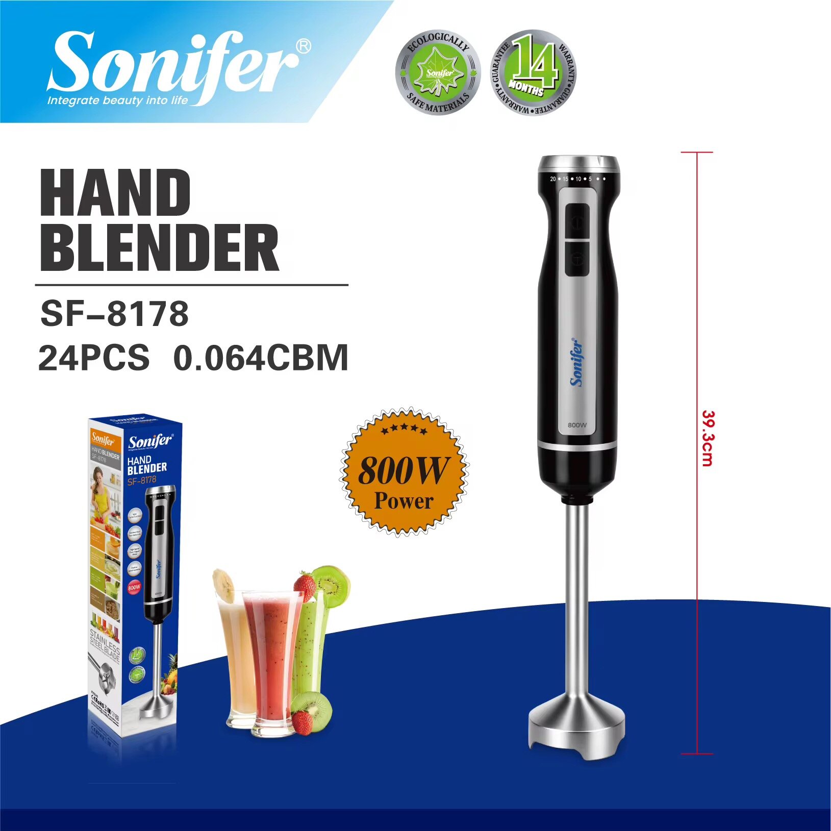 Блендер Sonifer SF-8178, ручной погружной блендер, мощность 800вт