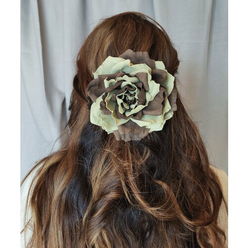 Заколка для волос цветок ручной работы роза большая коричнево-фисташковая