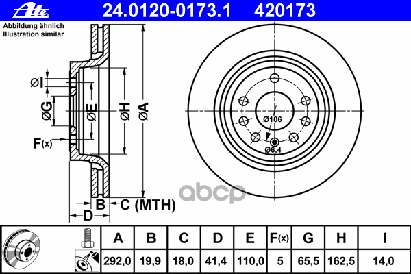 Диск Торм Opl Vectra C 2.0-3.2/3.0Cdti/Saab 9-3 1.8&2.0T/2.2Tid 02- Зад Вент 292X20 Ate арт. 24.0120-0173.1