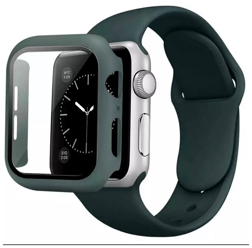 Чехол для Apple Watch 44mm со стеклом + силиконовый ремешок темно-зеленый