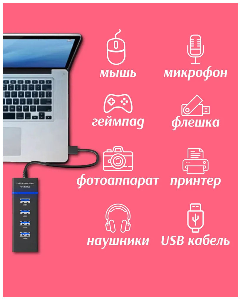 USB 30 концентратор разветвитель хаб GSMIN B32 на 1x USB 30 + 3x USB 20 переходник адаптер до 5 Гбит/с (20) (Черный)