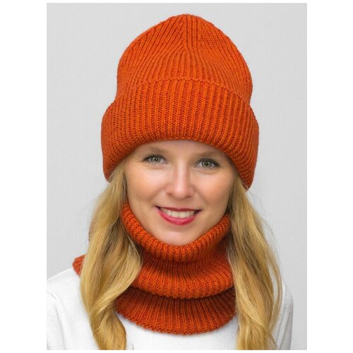 комплект зимний женский шапка снуд monro цвет вишневый Комплект бини LanaCaps Monro, 2 предмета, размер 56-58, оранжевый