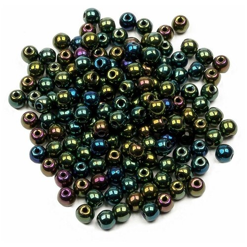 Стеклянные чешские бусины, круглые, Round Beads, 3 мм, цвет Jet Green Iris, 150 шт.