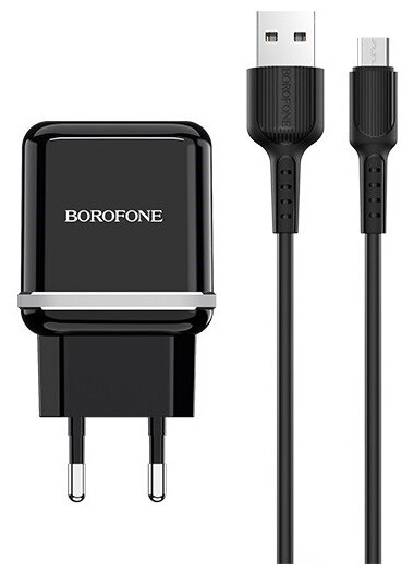Блок питания сетевой 2 USB Borofone BA25A, 2400mA, пластик, кабель микро USB, цвет чёрный