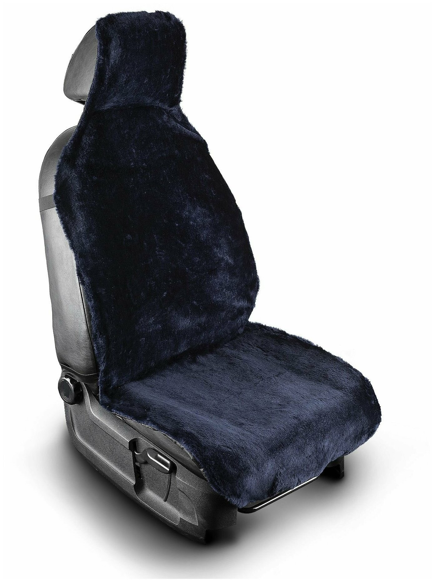 Меховая накидка на водительское автокресло или сиденье переднего ряда со слитным подголовником из синего мутона универсальные с нескользящим подкладом