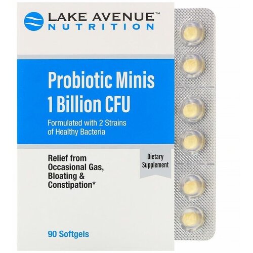 Lake Avenue Nutrition Probiotic Minis 1 Billion CFU (Пробиотик в мини-таблетках 2 штамма здоровых бактерий 1 млрд КОЕ) 90 softgel