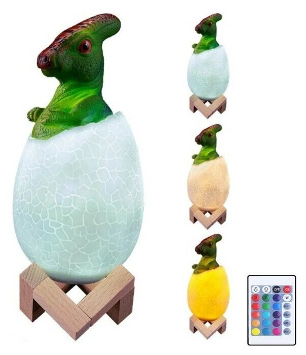 3D светильник-ночник динозаврик в яйце (Паразавролофус) 16 цветов на пульте