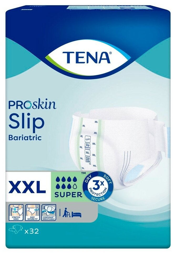 TENA ProSkin Slip Bariatric Super, XXL, 7 капель, 32 шт, Подгузники для взрослых с избыточным весом и ожирением