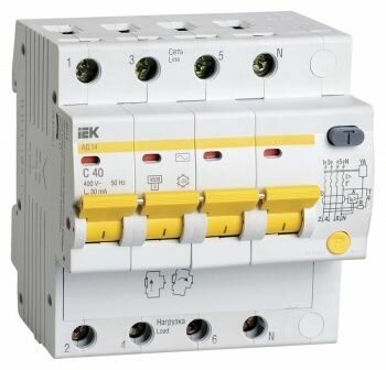 Выключатель IEK автоматический дифф. тока АД14 40A тип C 4.5kA 30мА AC 4П 400В 5мод белый (упак:1шт)