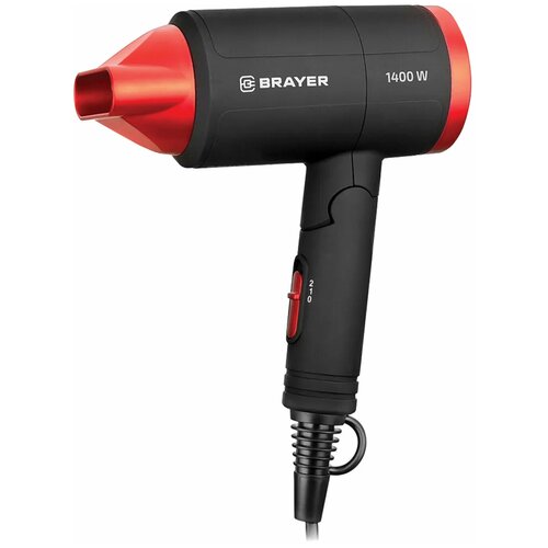 Фен BRAYER BR3040RD, 1400 Вт, 2 скорости, 1 температурный режим, складная ручка, черный/красный