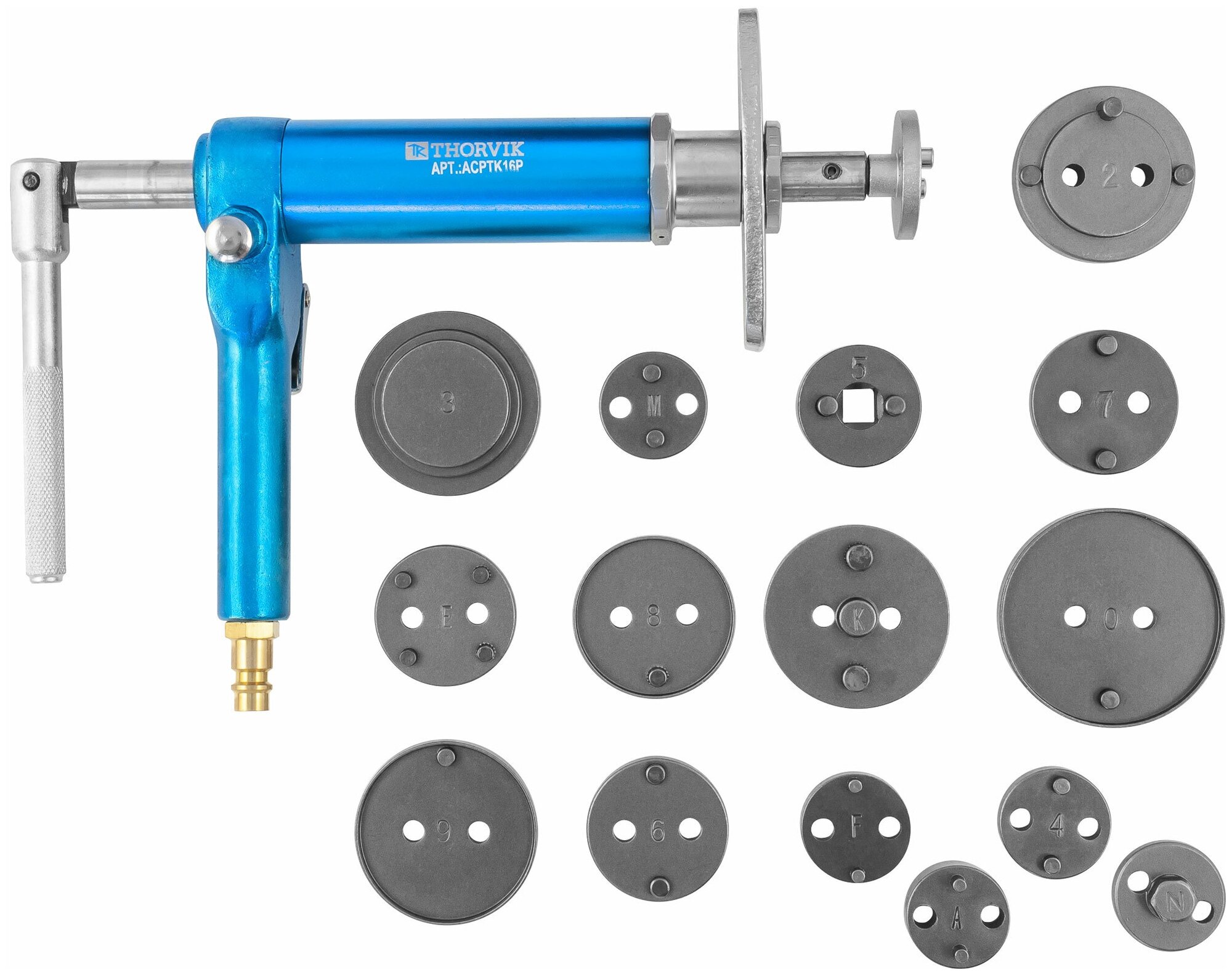 Thorvik ACPTK16P Приспособление с пневматическим приводом для возврата поршней дисковых тормозных механизмов в наборе 16 предметов