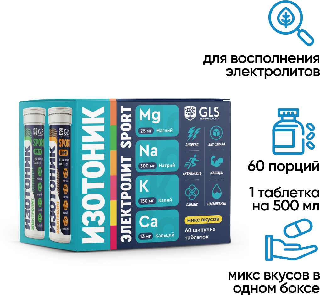 Изотоник / электролиты микс бокс, шипучие таблетки для восстановления, 60 шт, со вкусом клубники, барбариса, арбуза, лимона, дыни, апельсина