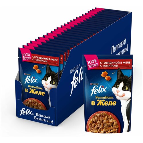 Пауч Felix Sensations для взрослых кошек с кусочками говядины в желе и томате 24шт*85г