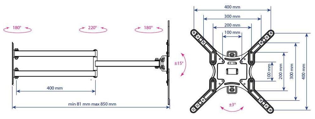 Кронштейн для телевизора Kromax DIX-25 черный 24"-55" макс.20кг настенный поворотно-выдвижной и накл - фото №3