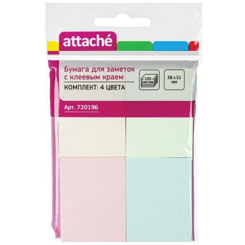 Купить Attache Стикеры 38х51 мм, 4 блока по 25 листов (720196) разноцветный, зеленый/розовый/голубой/желтый
